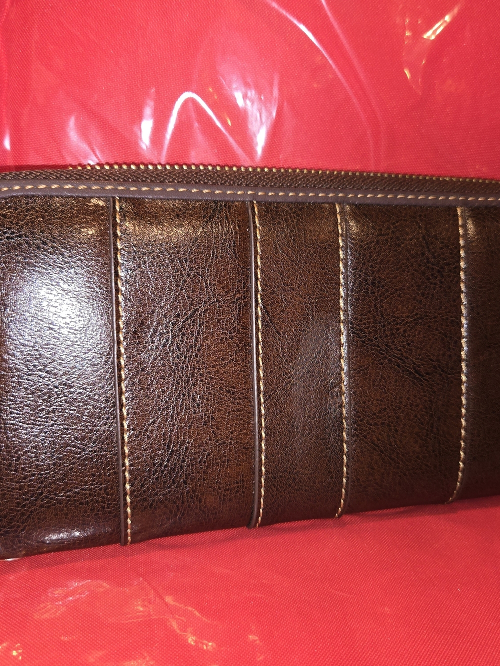 Women's Brown Leather Zip Around Wallet - Classic Stitch Detailing. EUC